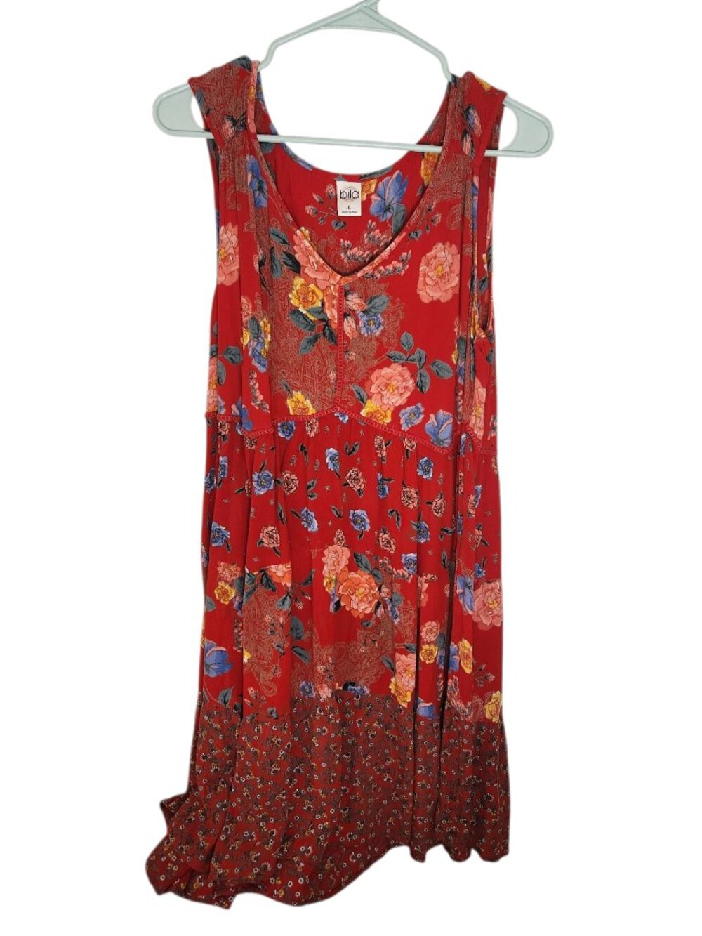 Bila Red Floral Sleeveless Tiered Midi Bohemian-Style Sundress Large